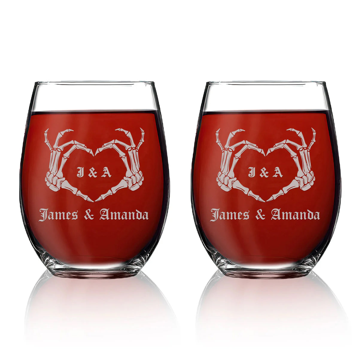 Personalized Stemless Wine Glass Set - "Goth Skeleton Heart"