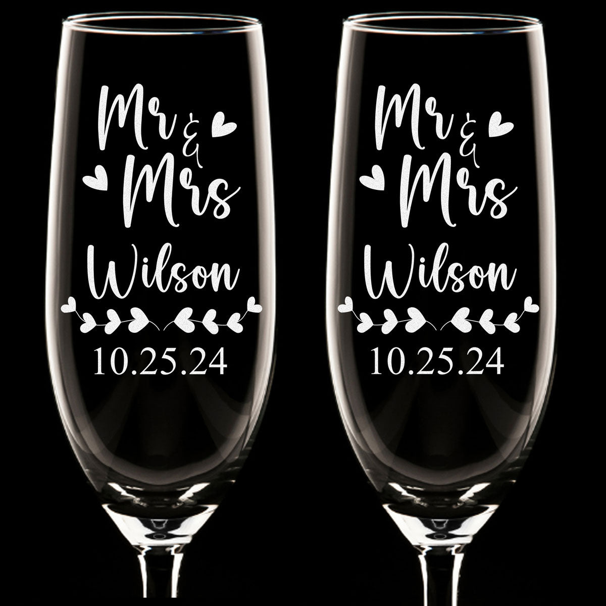 Ensemble de verres flûte à champagne personnalisés - "Mr &amp; Mrs Hearts"