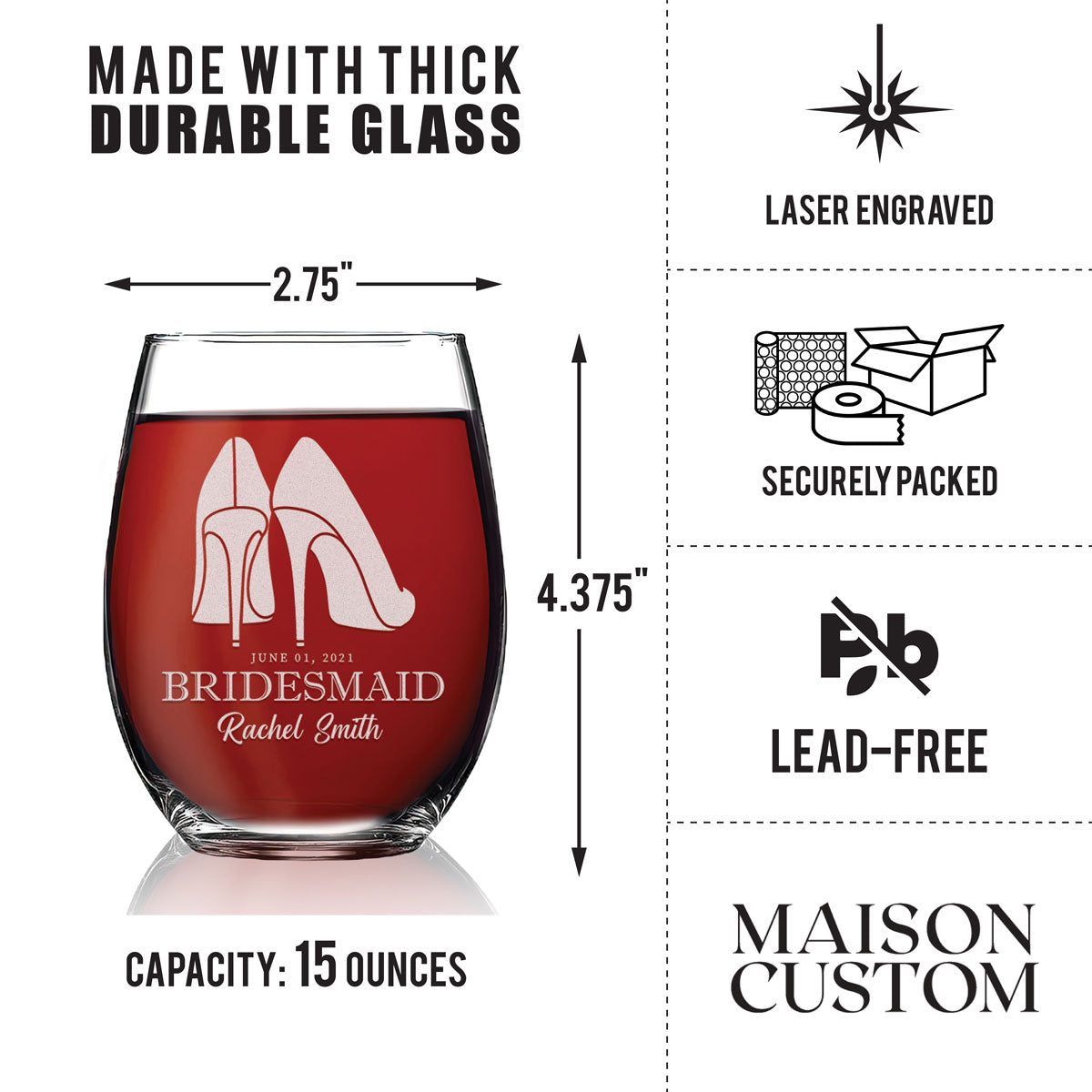 Personalized Stemless Wine Glass - "Bridesmaids High Heels"