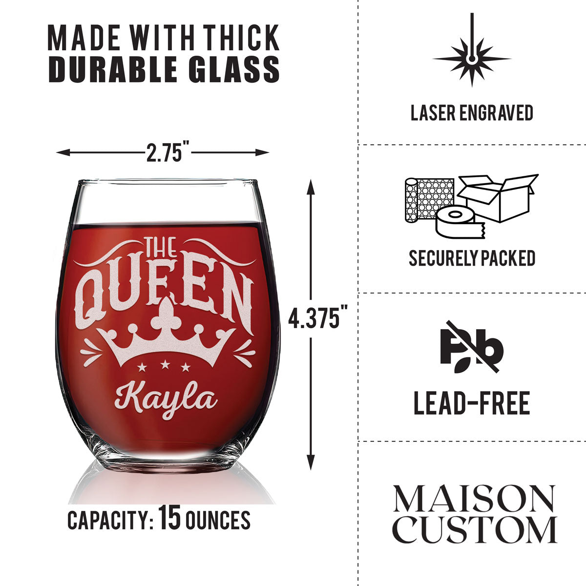 Personalized Stemless Wine Glass - "The Queen"