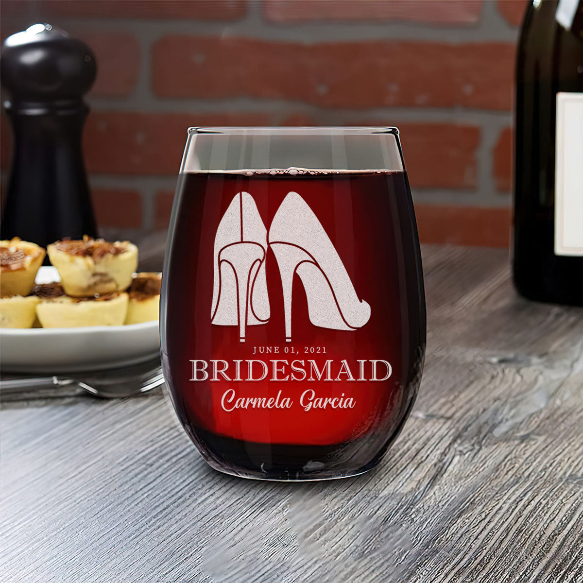 Personalized Stemless Wine Glass - "Bridesmaids High Heels"