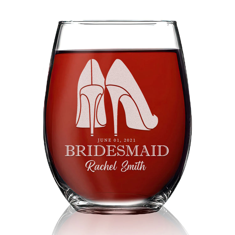 Personalized Stemless Wine Glass - "Bridesmaids High Heels"