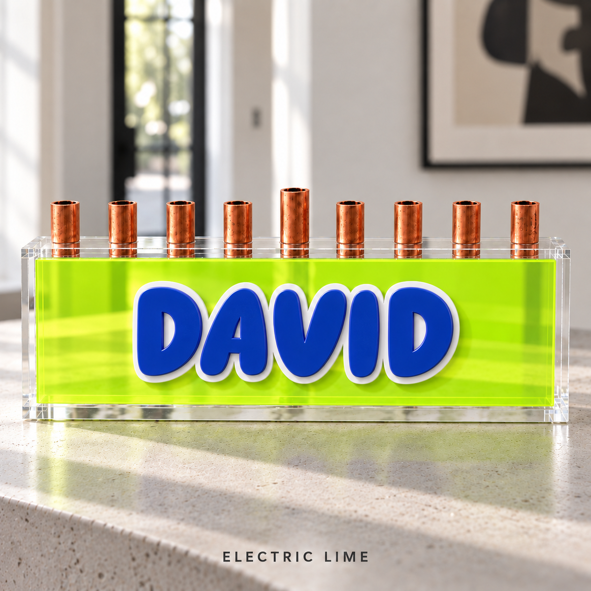 Electric Lime acrylic menorah with layered blue DAVID letters and a white outline on a translucent neon green panel