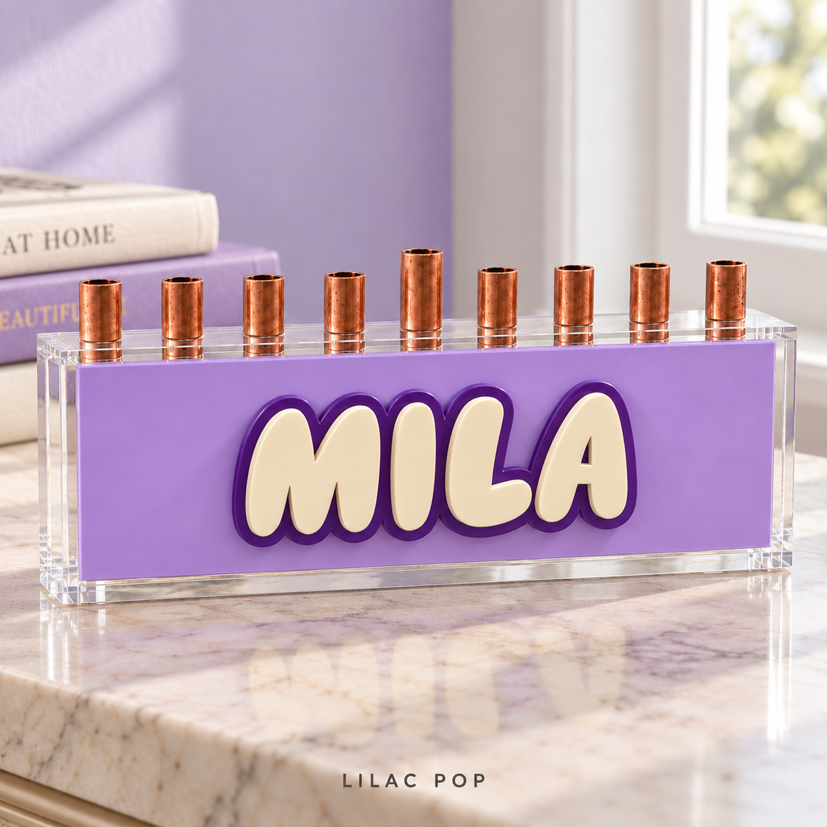 Lilac Pop personalized Hanukkiah with raised Eggshell MILA letters and a purple outline on a lavender acrylic panel