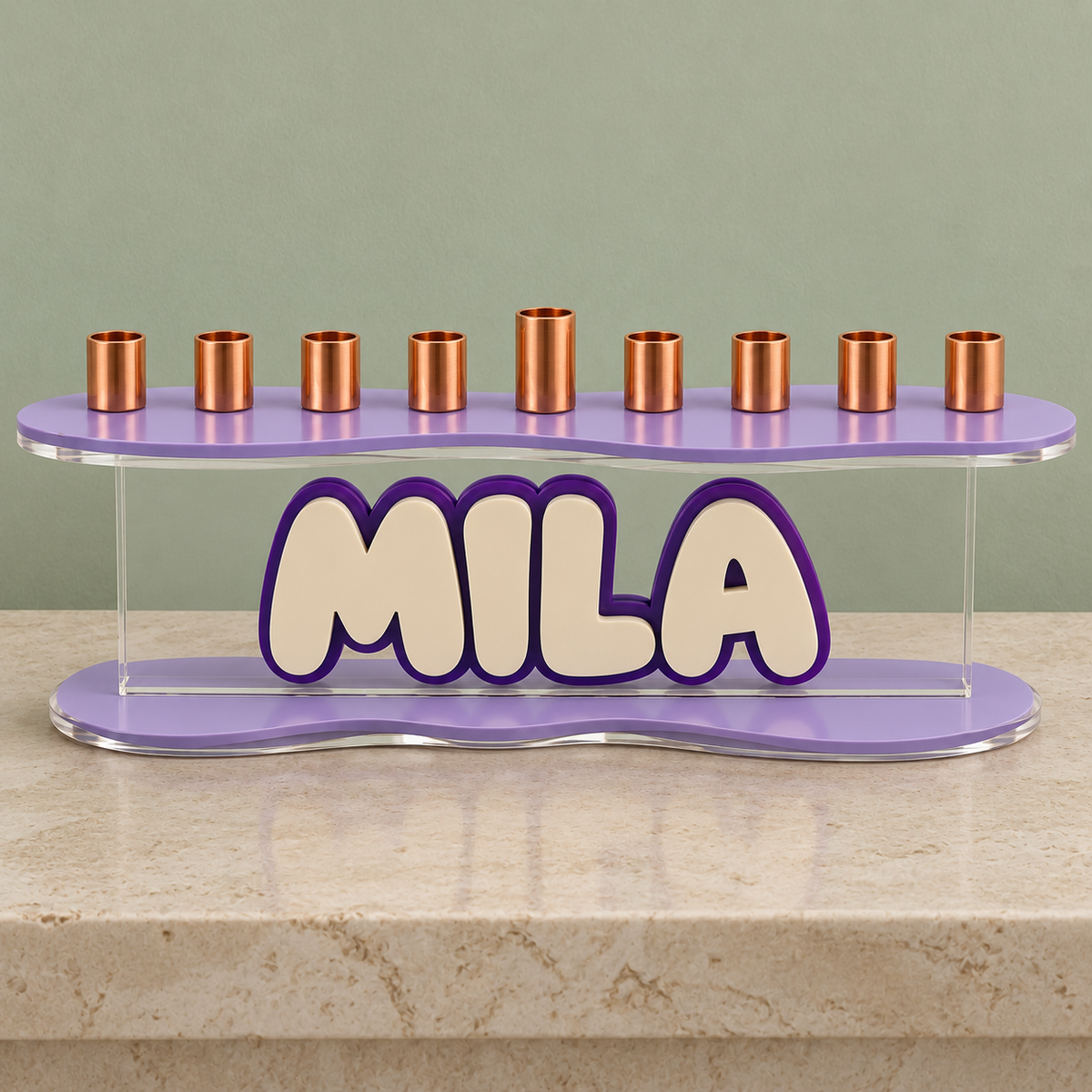 MILA personalized menorah with opaque lavender curves, cream letters and purple outline against a sage wall