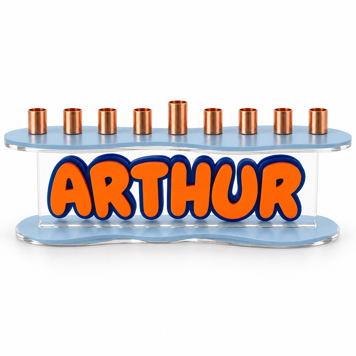 Front studio view of The Contour acrylic menorah with clear panel and nine copper candle cups