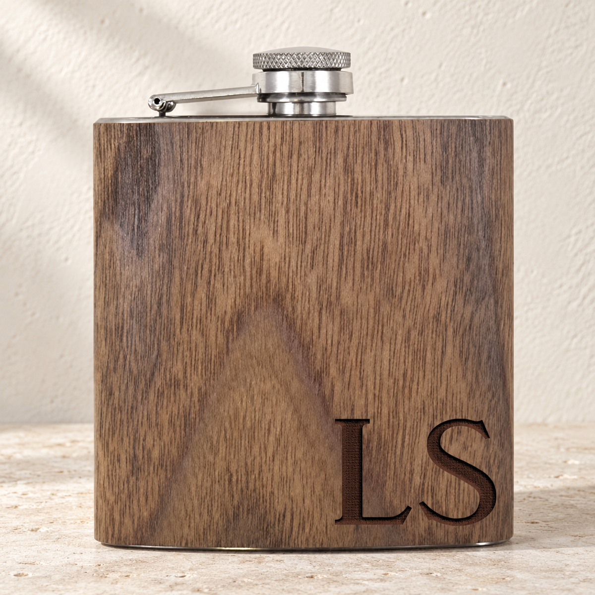 The Flask - "Walnut" — personalized product in soft daylight