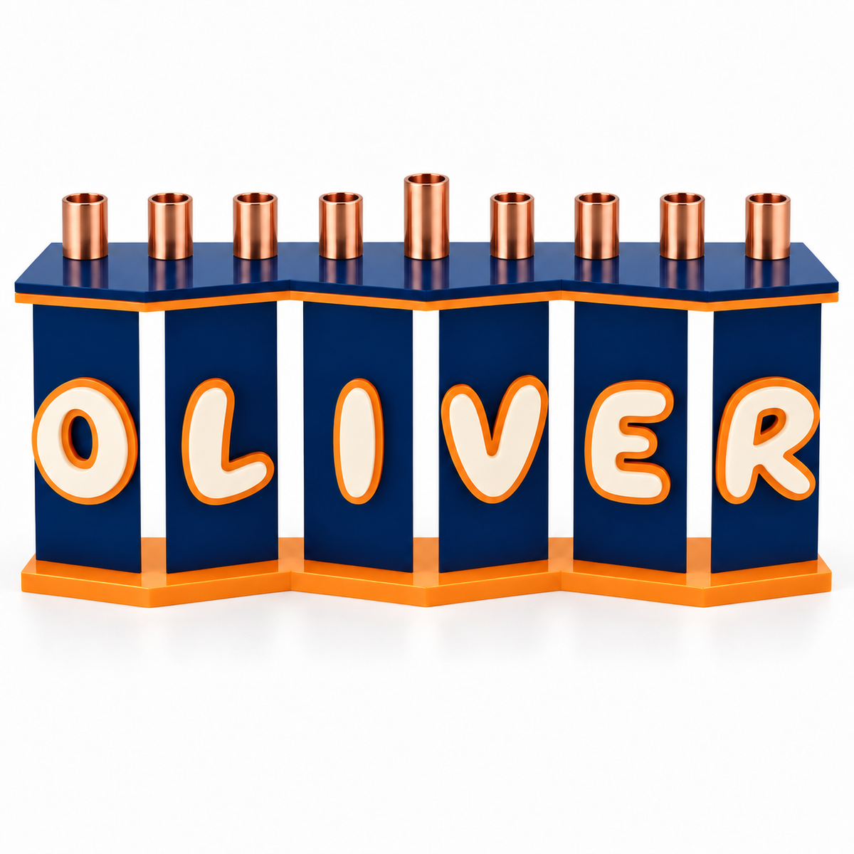 Front view of The Fold personalized menorah with six angled navy panels and nine copper cups