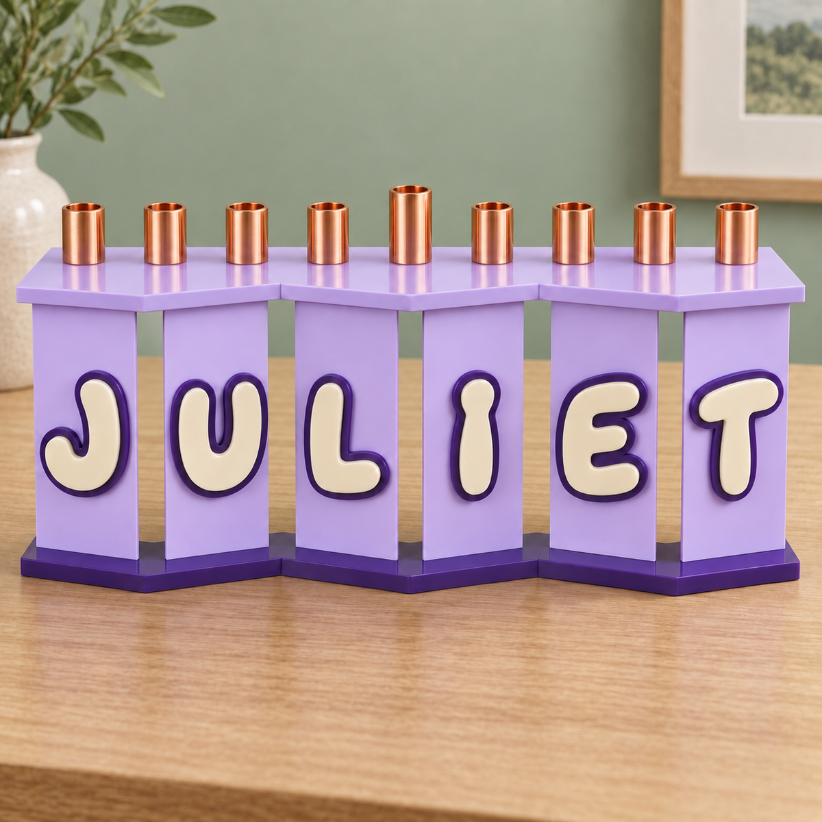 JULIET personalized menorah with opaque lavender panels, cream letters and purple outlines