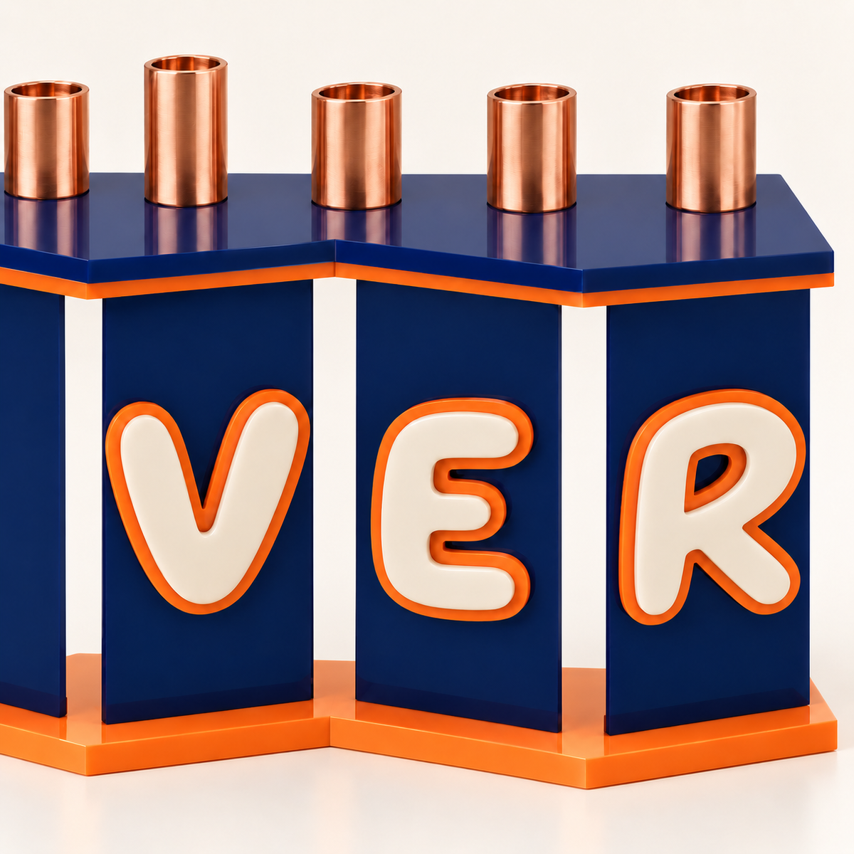 Close-up of The Fold angled acrylic panels, layered lettering and copper candle cups