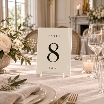 linen rectangular acrylic wedding table number 8 with personalized initials in a clear stand on a reception table
