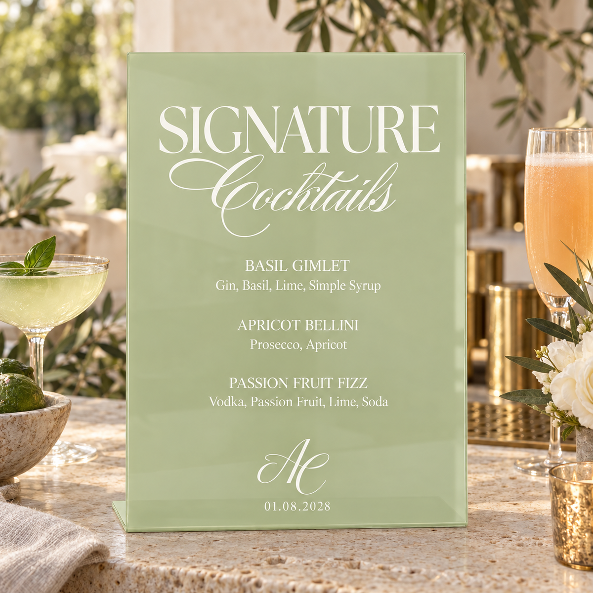 Aloe acrylic bar sign displaying signature cocktails beside white wedding flowers