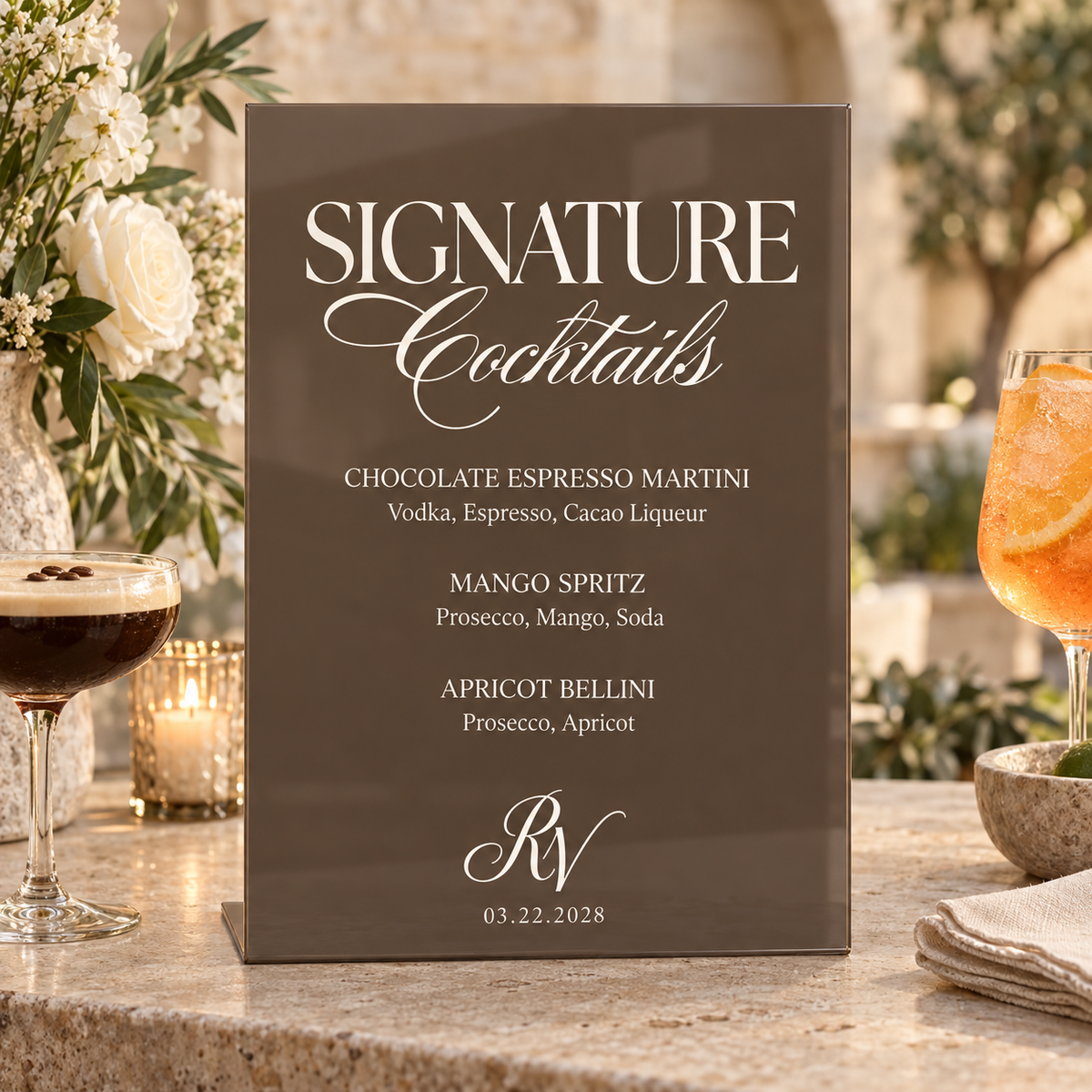 Milk Chocolate acrylic wedding bar sign with white cocktail names and a monogram