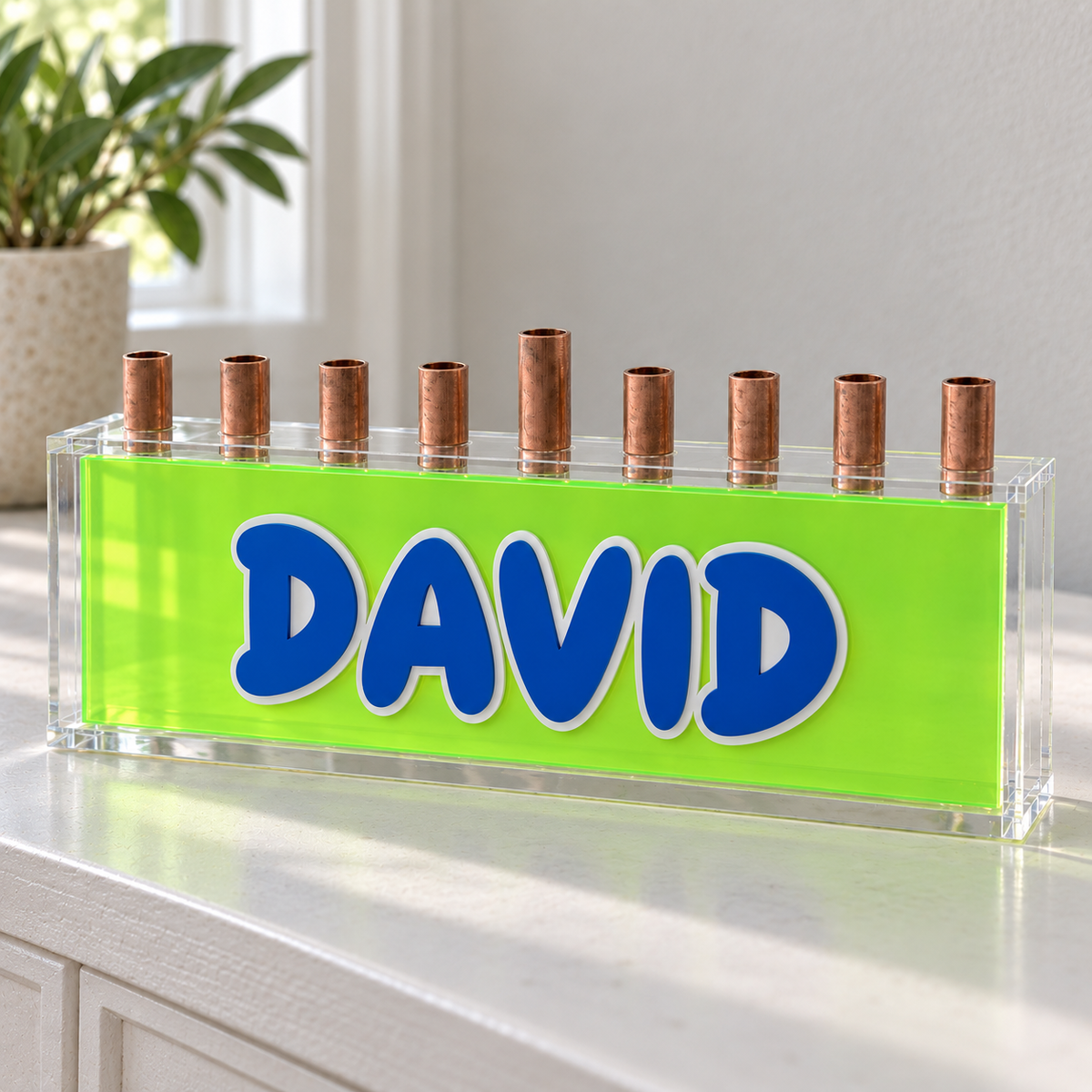 Electric Lime DAVID acrylic menorah with translucent green panel, blue name and white outline
