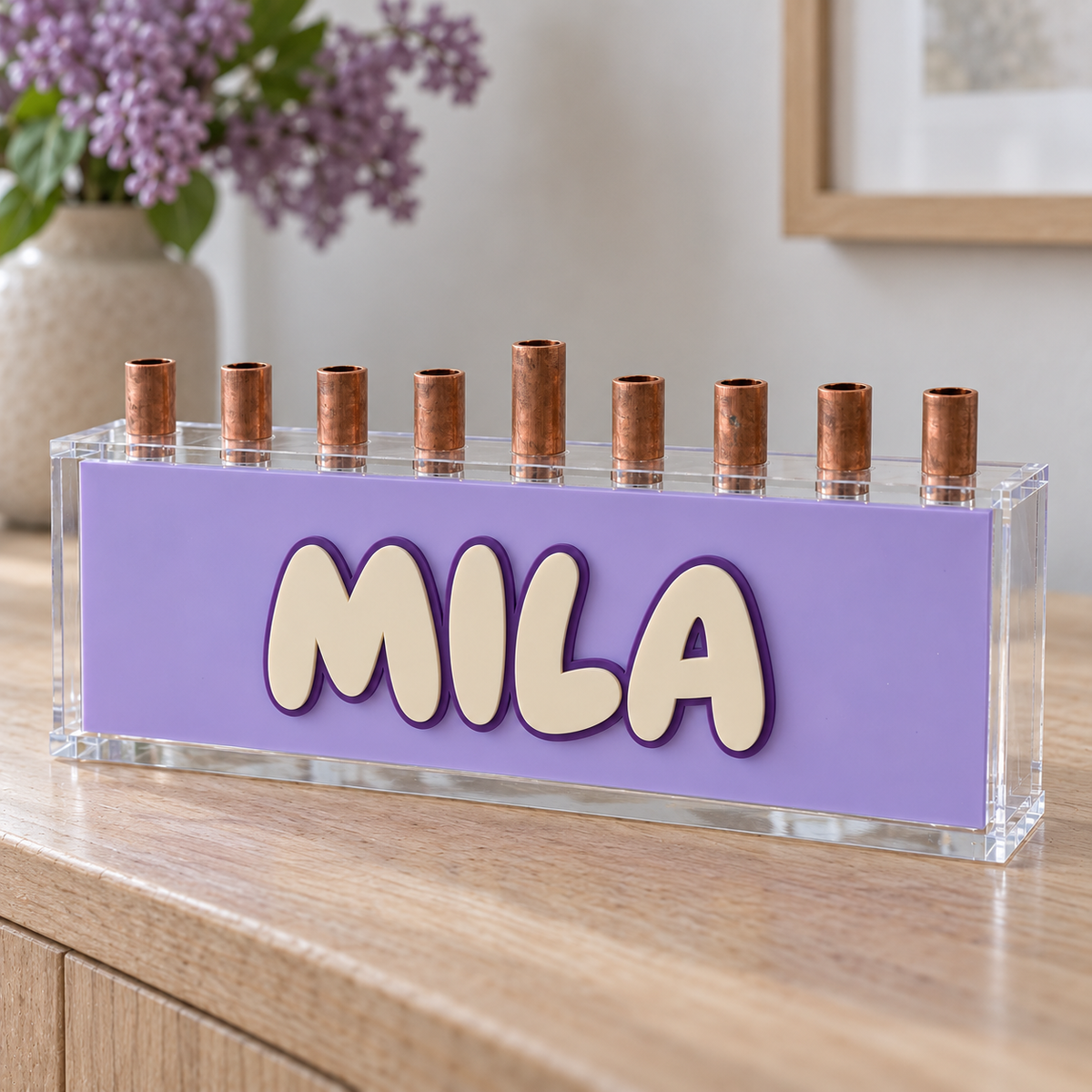 Lavender Lilac Pop MILA menorah with layered cream lettering and raw copper tubes