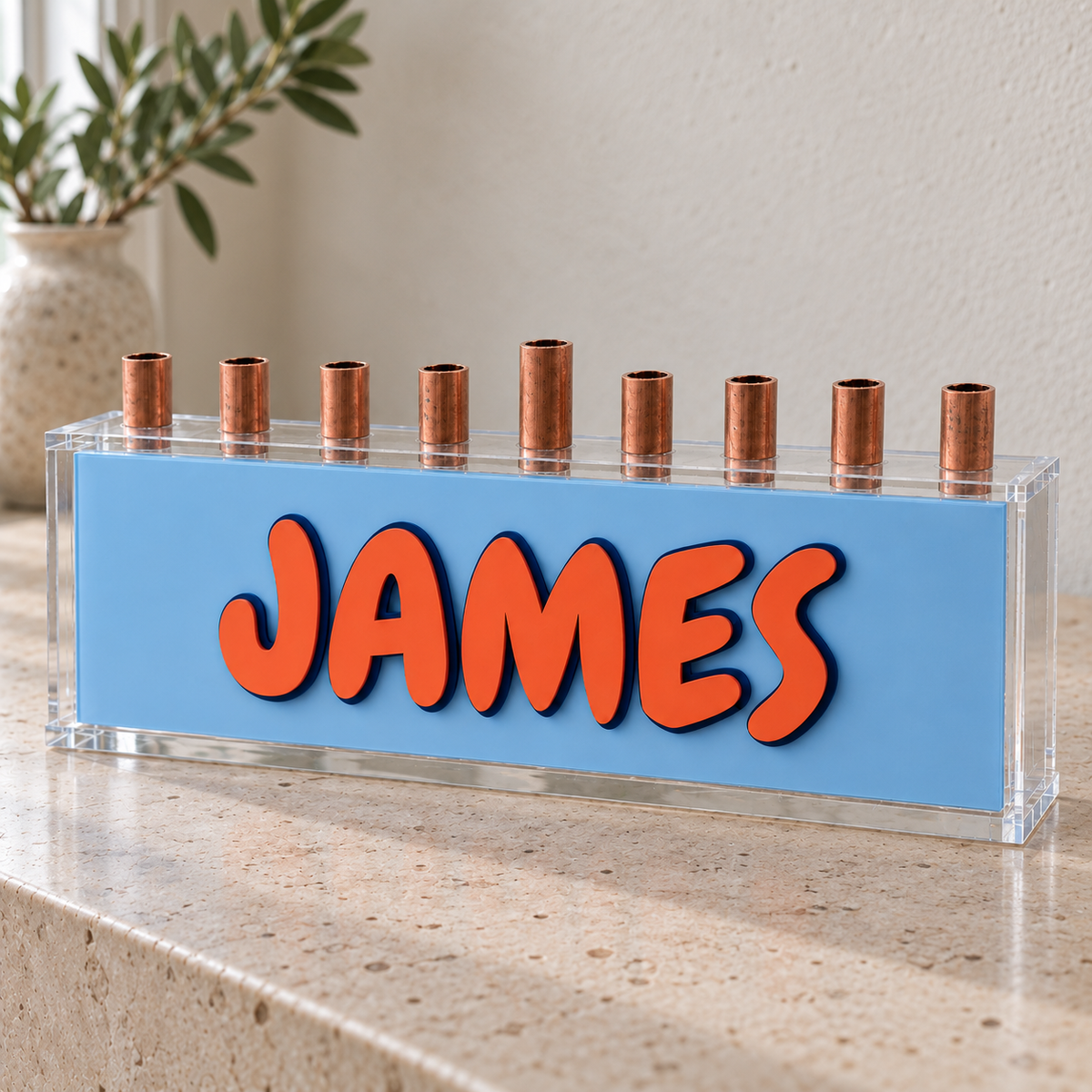 JAMES personalized acrylic menorah in Pool Club colors with unfinished copper tube candle holders