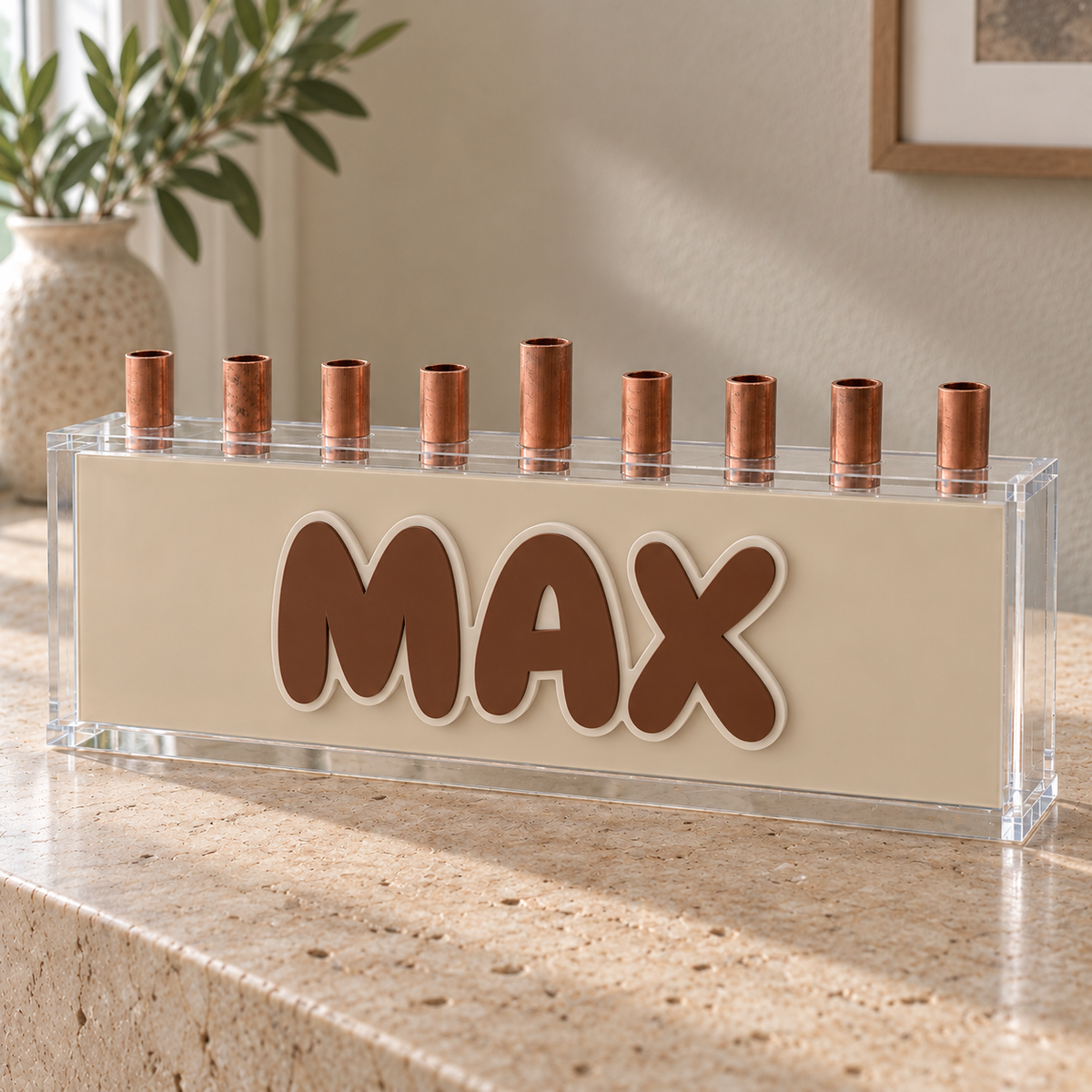 Neutral Teddy acrylic menorah with brown MAX name, cream outline and dull copper candle tubes