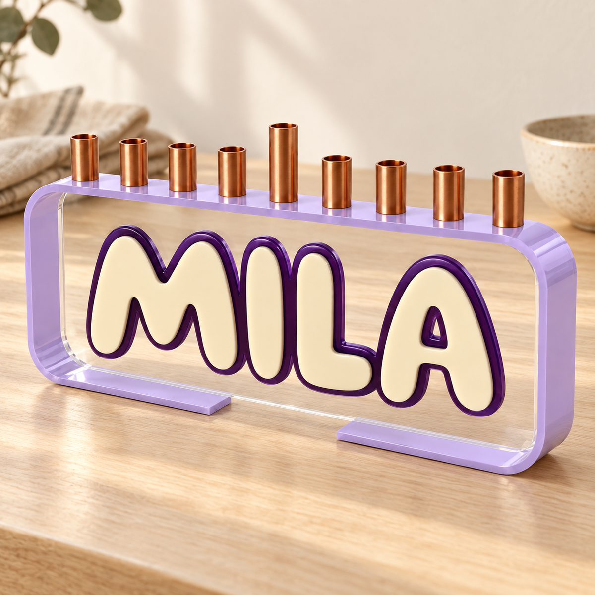 MILA Loop menorah with opaque lavender frame and cream name with purple outline