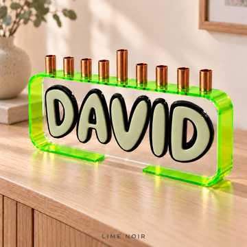The Loop menorah in Lime Noir with a Neon Green/Yellow frame, Aloe DAVID letters, Black outlines and clear front panel.
