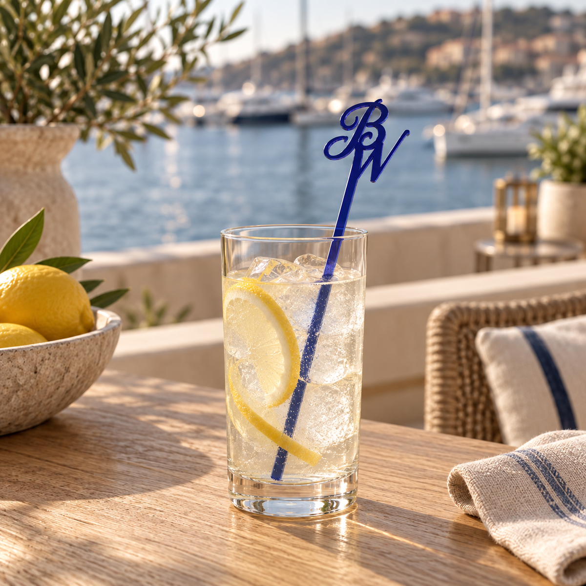 Blue acrylic monogram drink stirrer in a lemon highball on a seaside terrace