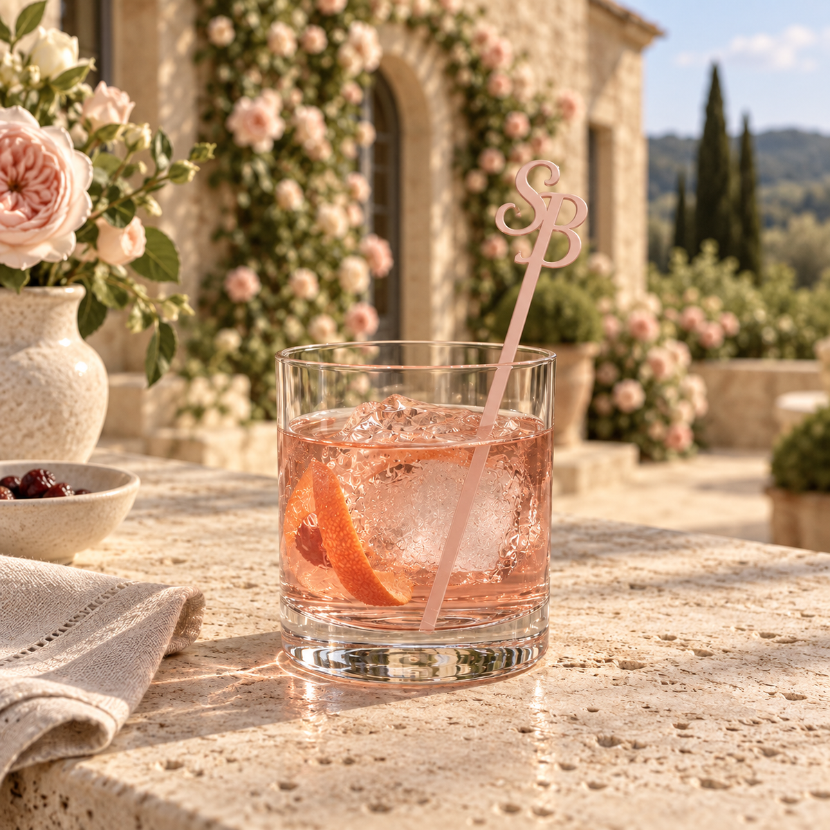 Blush acrylic monogram drink stirrer in a pink cocktail beside a flowering garden arch