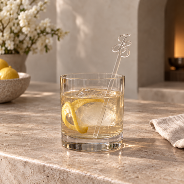 Clear acrylic drink stirrer with cutout script initials in a cocktail glass on a stone bar