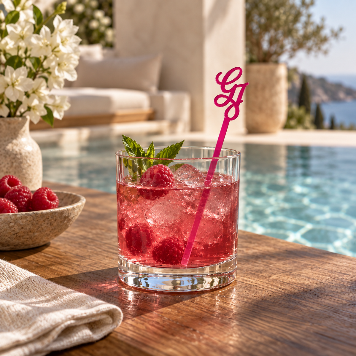 Hot Pink acrylic initial drink stirrer in a red cocktail beside a swimming pool