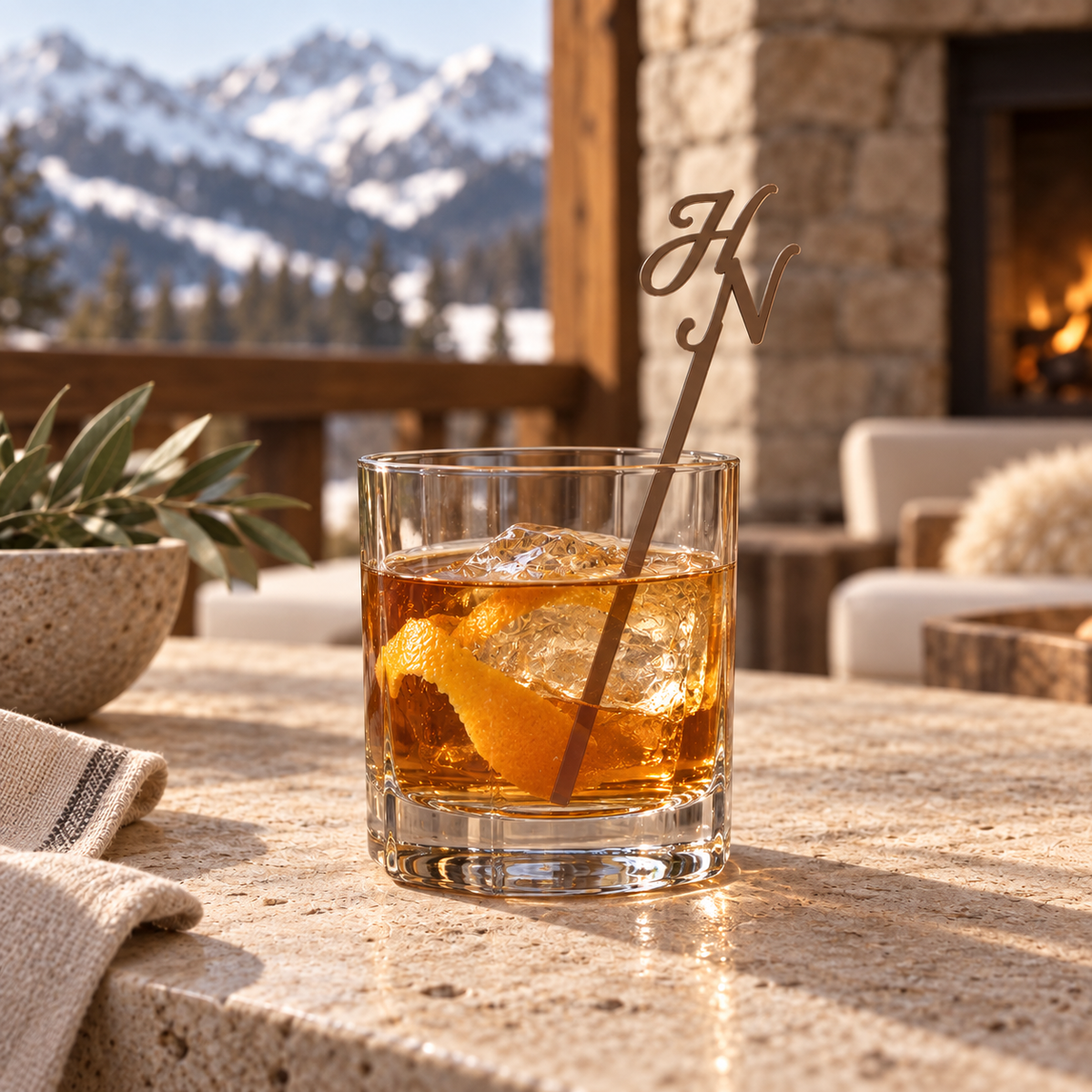 Milk Chocolate acrylic monogram stirrer in a rocks glass overlooking snow-covered mountains