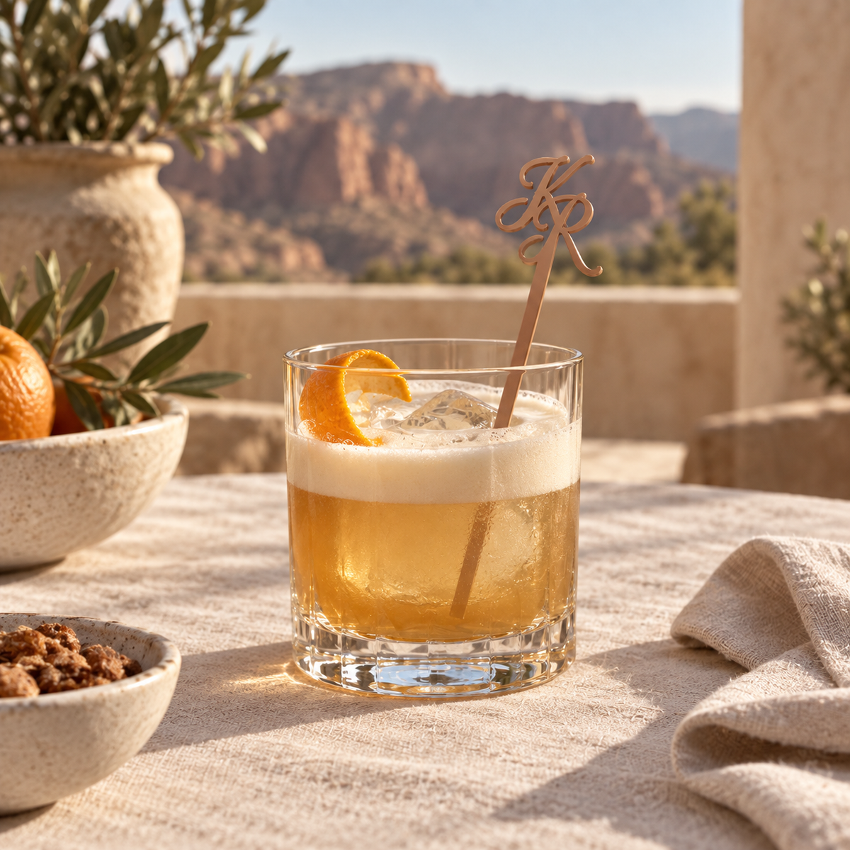 Nutmeg acrylic initial drink stirrer in a citrus cocktail on a desert terrace