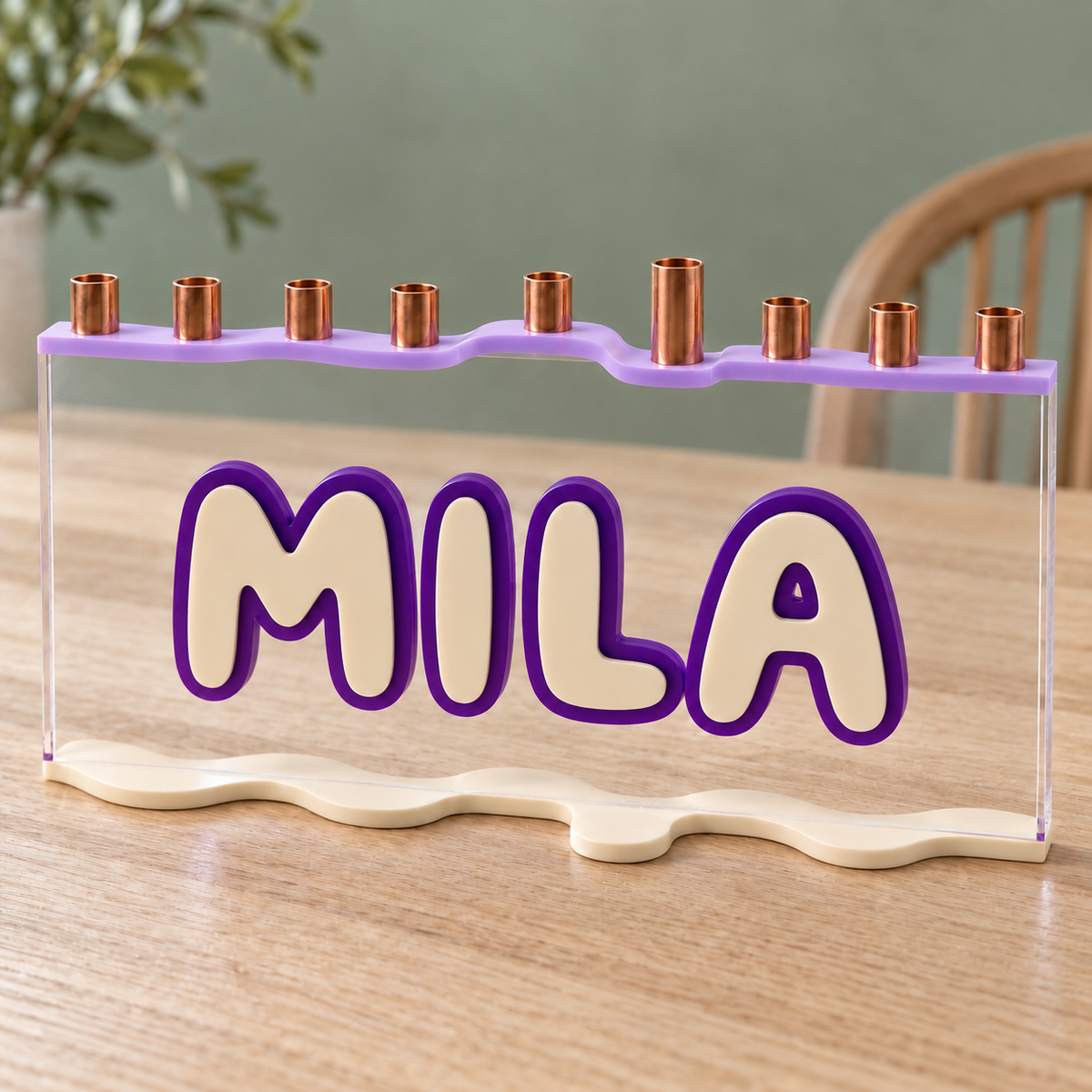 MILA acrylic Hanukkah menorah with lavender top, cream letters and purple outline with opaque lavender acrylic