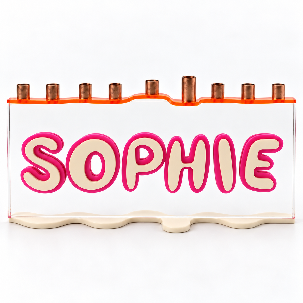 Front view of SOPHIE custom name menorah with clear acrylic face and wavy cream base