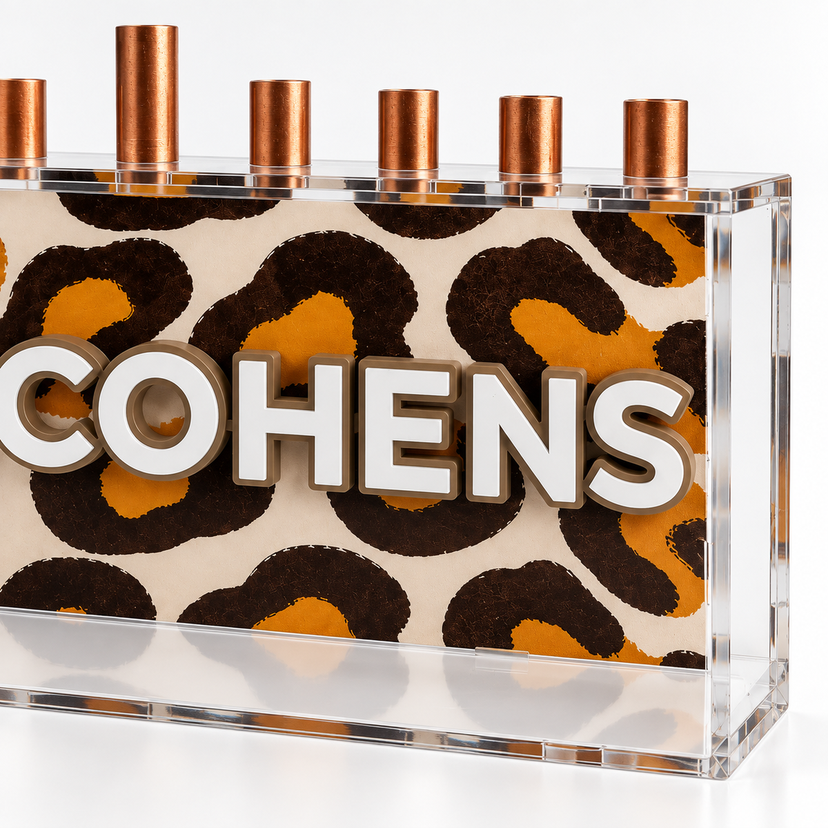 Detail of white family name with teddy backing, leopard print and copper cups inside clear acrylic menorah construction