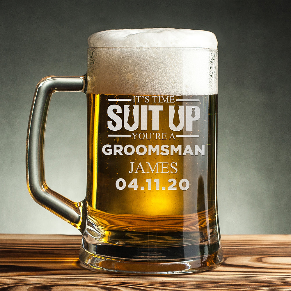 Personalized Beer Mug - "Suit Up Groomsman"