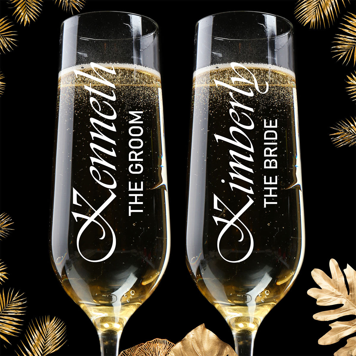 Personalized Champagne Flute Glass Set - "Groom and Bride"