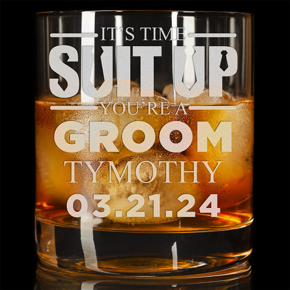 Personalized Whiskey Glass - "Suit Up Groomsman"