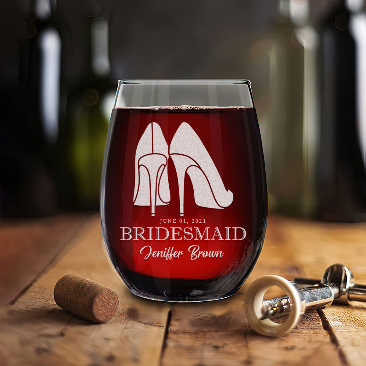 Personalized Stemless Wine Glass - "Bridesmaids High Heels"