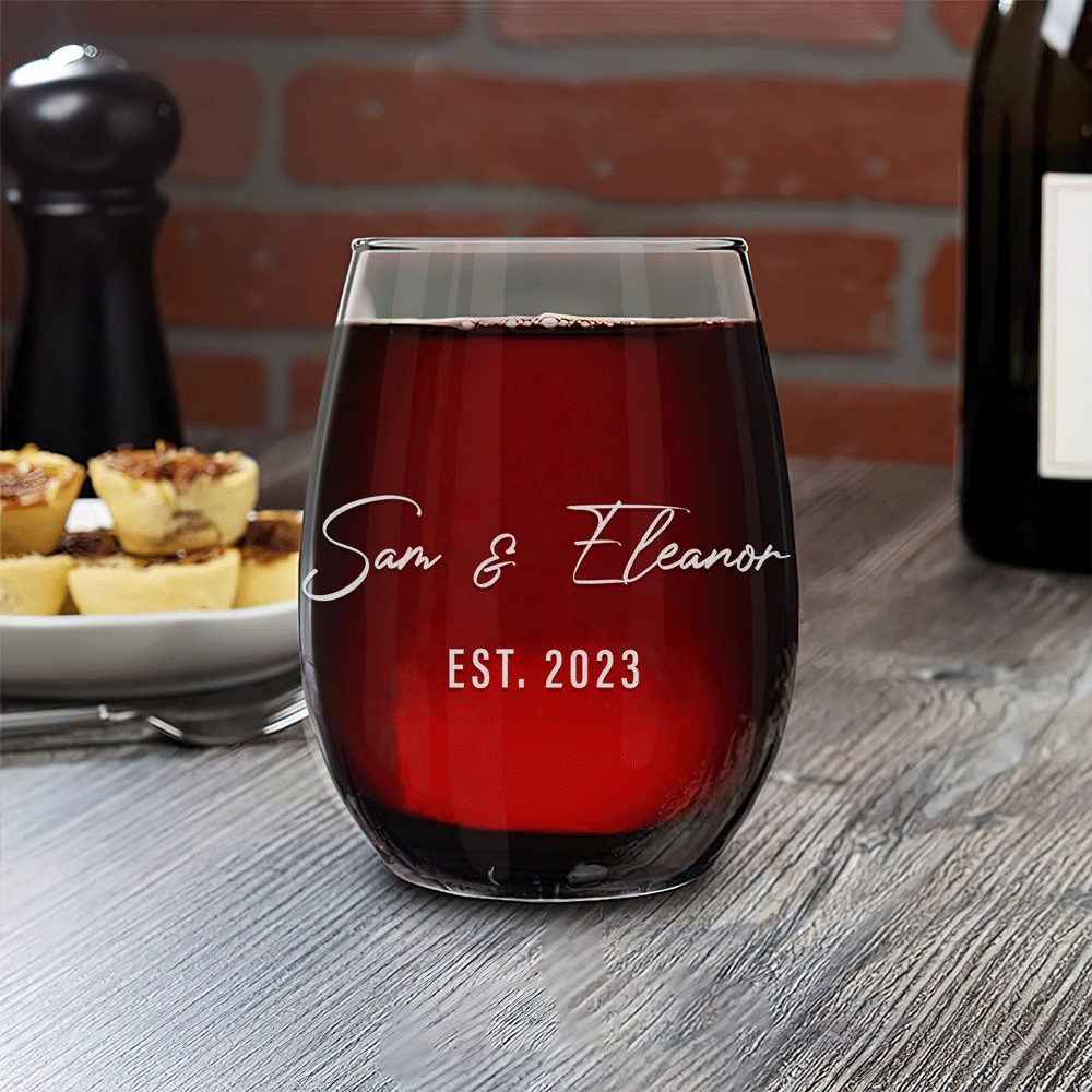 Personalized Stemless Wine Glass - "Couple's Names"