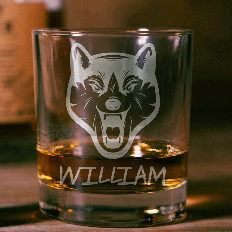 Personalized Whiskey Glass - "Wolf Head"